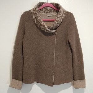 Brown Women's Wool Blend Sweater Wrap with Leopard Print Collar Size M